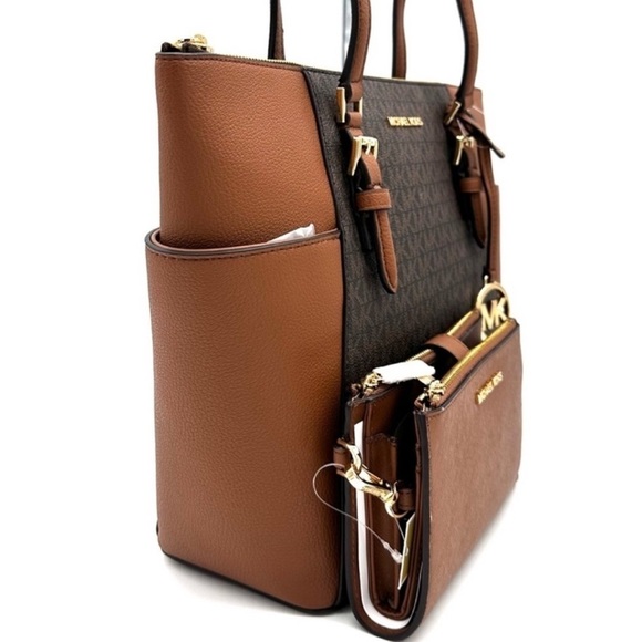 Michael Kors Large Charlotte Tote Bag & Large Double Zip Wallet Brown (NWT) - Picture 4 of 14